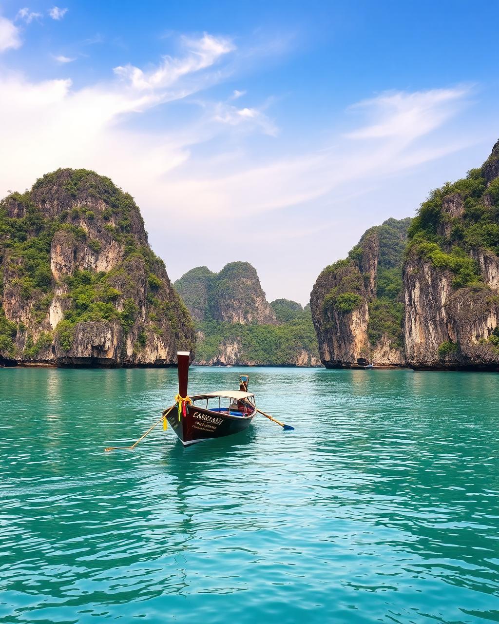 Limestone islands and a longtail boat in emerald water