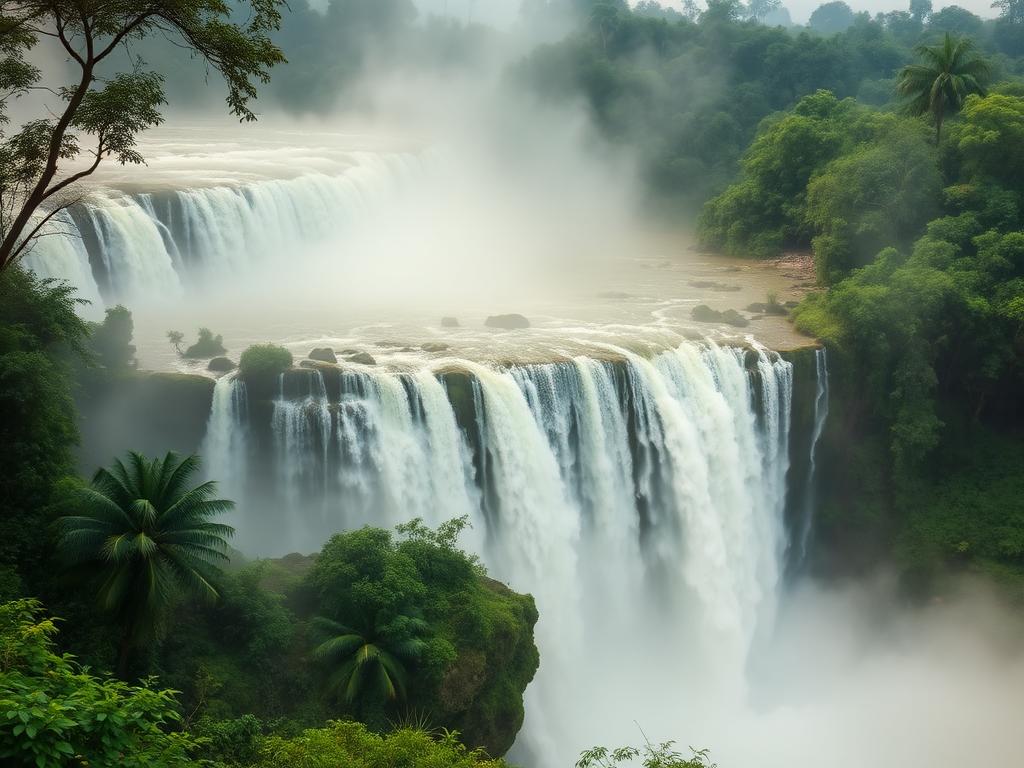 Wide waterfalls surrounded by rainforest