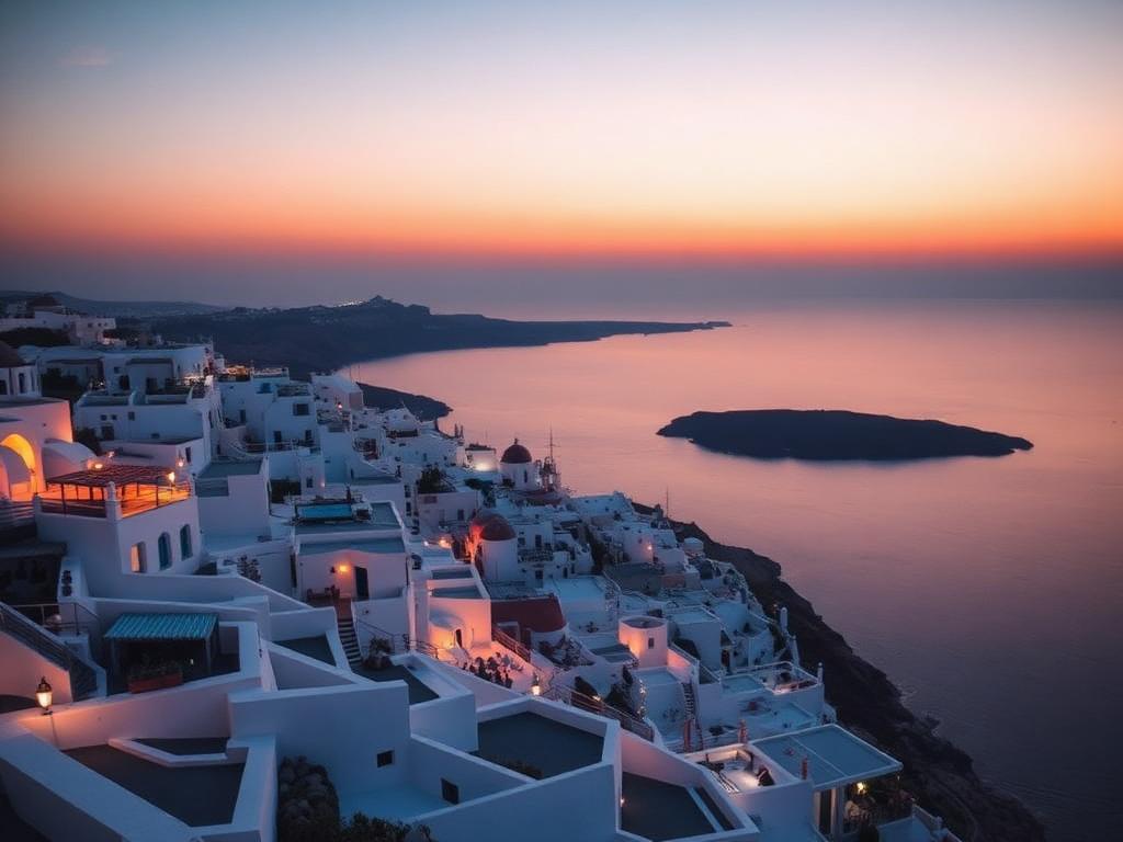 White village overlooking the sea at sunset