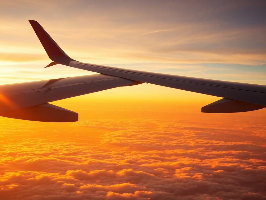 Aeroplane wing above golden clouds