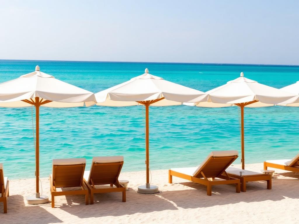 Beach loungers under white parasols