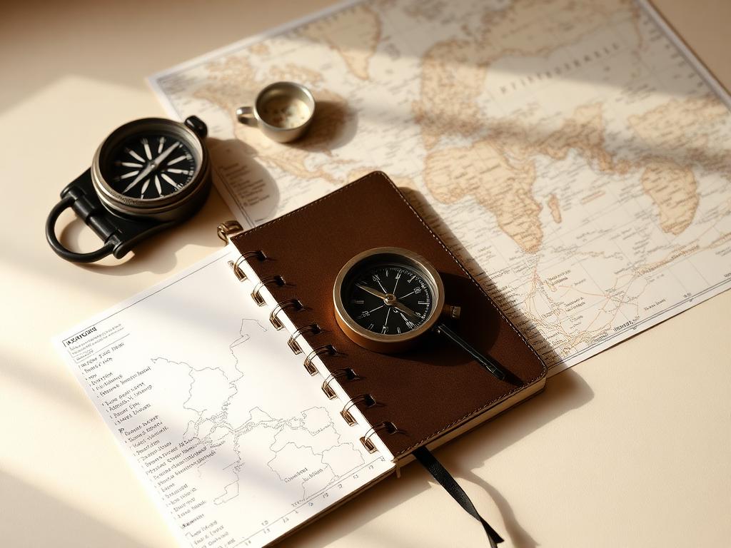Map, notebook and compass on a desk